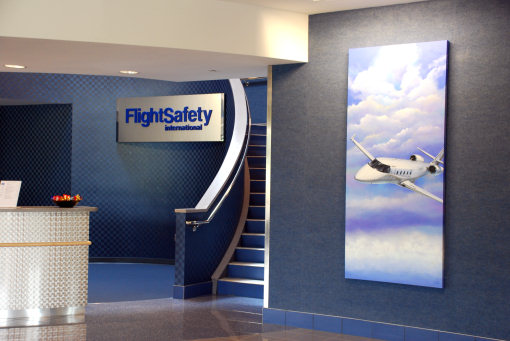 Lobby at FlightSafety International, Dallas, TX, showing a Sambaro painting of a Gulfstream G150